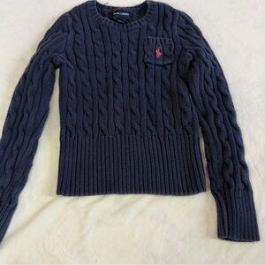 Ralph Lauren girls navy blue cable knit sweater pink pony fits XS or 2T 3T